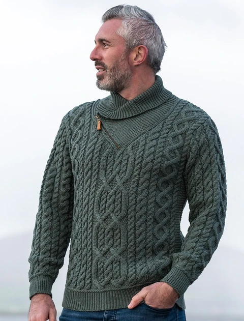 Aran Zip Shawl Neck Sweater - Tundra