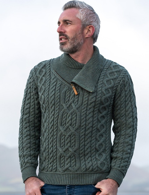 Aran Zip Shawl Neck Sweater - Tundra