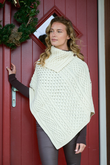 Ladies Merino Button Poncho - Natural White