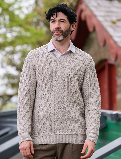Merino V-Neck Aran Sweater - Oatmeal