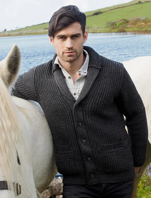 Merino Wool Ribbed Shawl Neck Cardigan - Charcoal