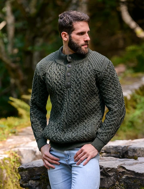 Merino Button Neck Aran Troyer - Army Green