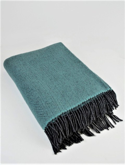 Cashmere Wool Throw - Pale Blue Herringbone
