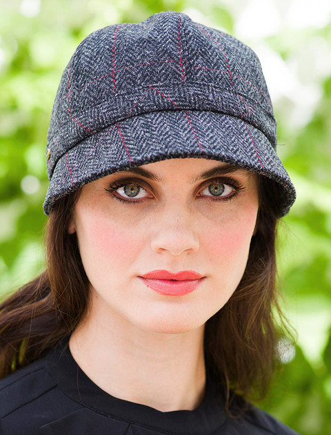 Ladies Tweed Flapper Cap - Charcoal with Red
