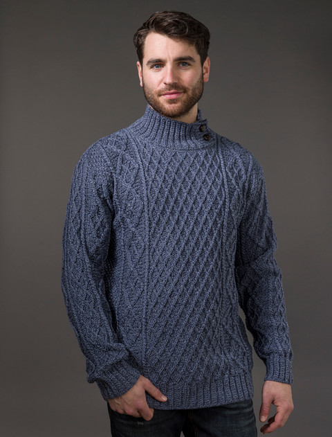 Mens Merino Aran Button Collar Sweater - Denim