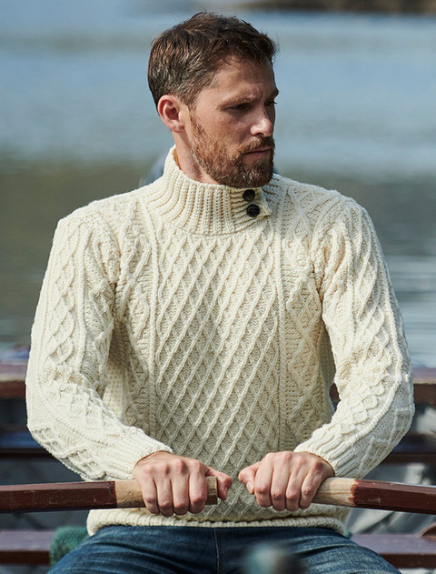 Mens Merino Aran Button Collar Sweater - Natural White