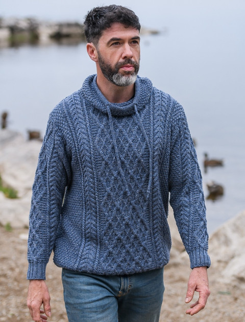 Mens Drawcord Collar Aran Sweater - Denim Marl