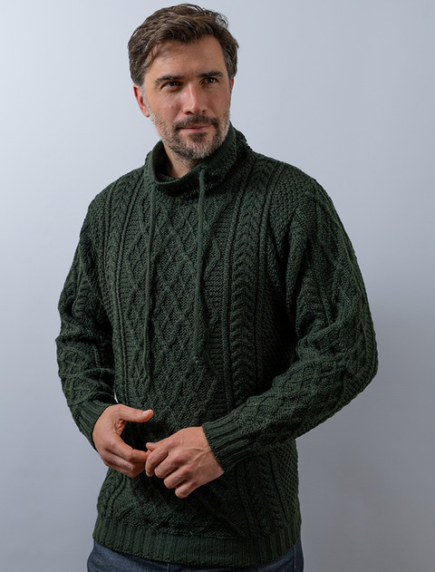 Mens Drawcord Collar Aran Sweater - Army Green