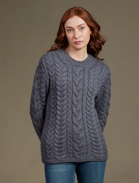 Rope Cable Crew Aran Sweater - Steel Marl