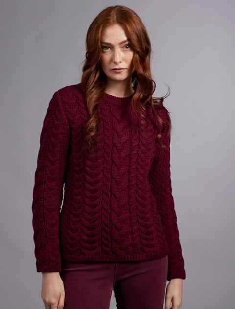 Rope Cable Crew Aran Sweater - Claret