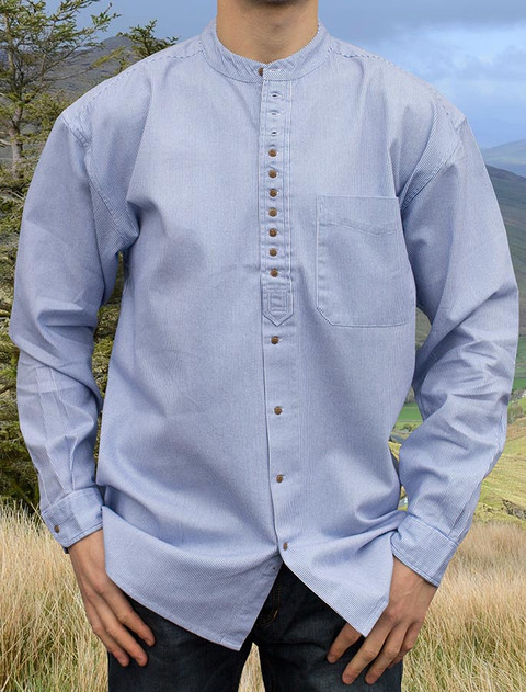 Grandfather Shirt - Blue Ivory Stripe | Aran Sweater Market