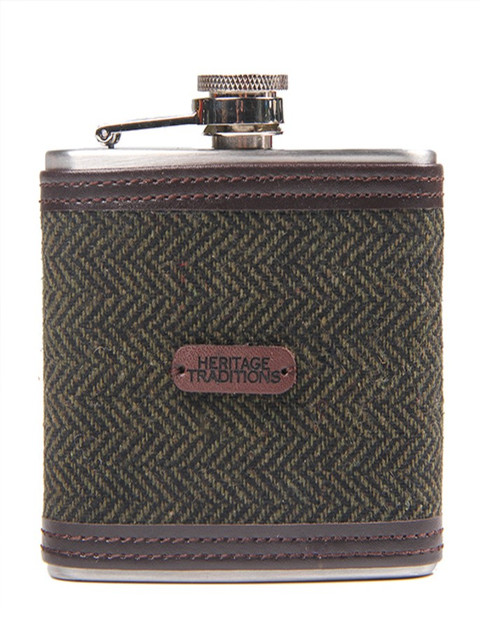 Tweed Hip Flask - Green Herringbone (FL124)