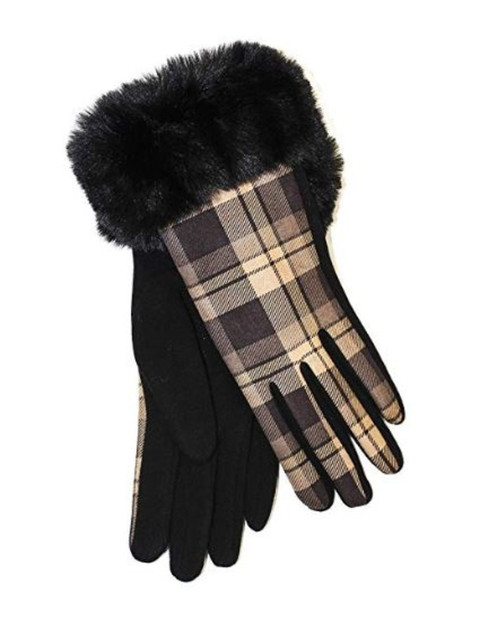 Ladies Faux Fur Trim Gloves- Black Box Check