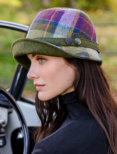 Ladies Tweed Clodagh Cap - Green Purple Plaid
