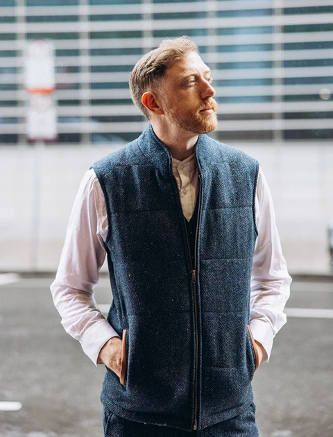 Men's Tweed Body Warmer - Blue Herringbone