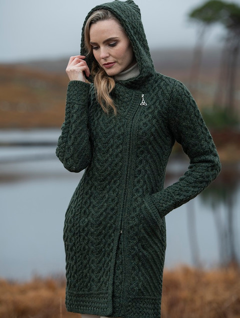 Claddagh Heart Design Side Zip Coatigan - Army Green
