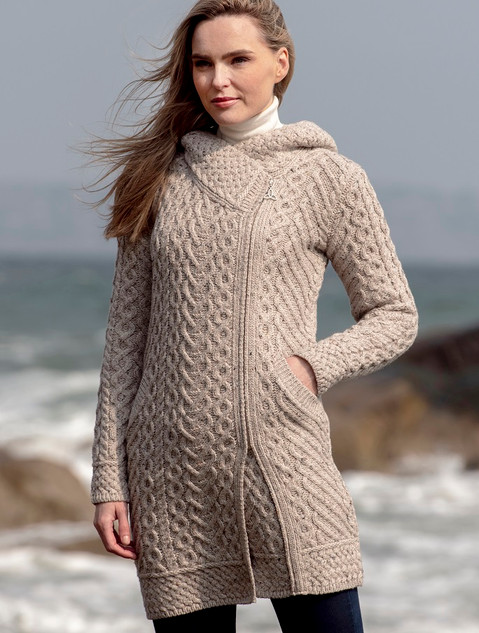 Claddagh Heart Design Side Zip Coatigan - Oatmeal