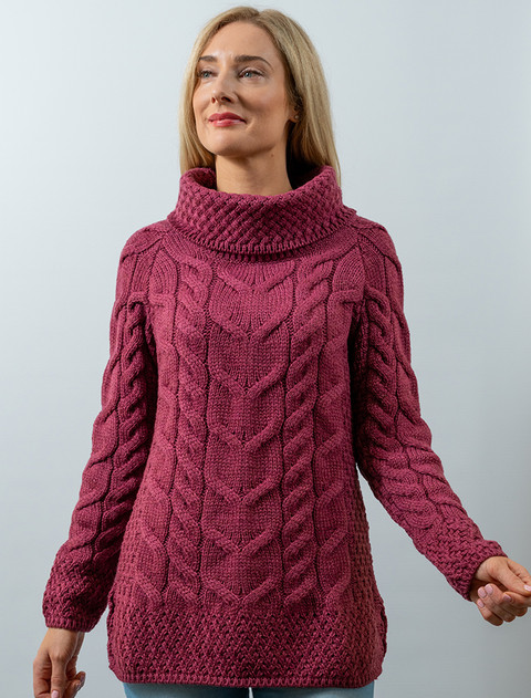 Luxury Chunky Cable Cowl Neck Aran Sweater - Jam