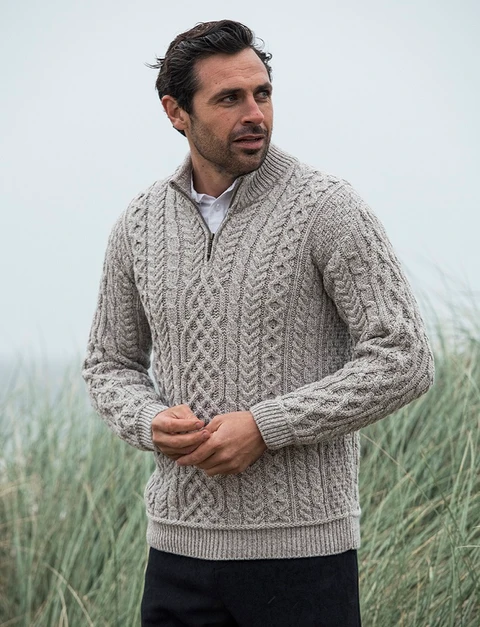 Mens Super Soft Half Zip Aran Troyer - Toasted Oat