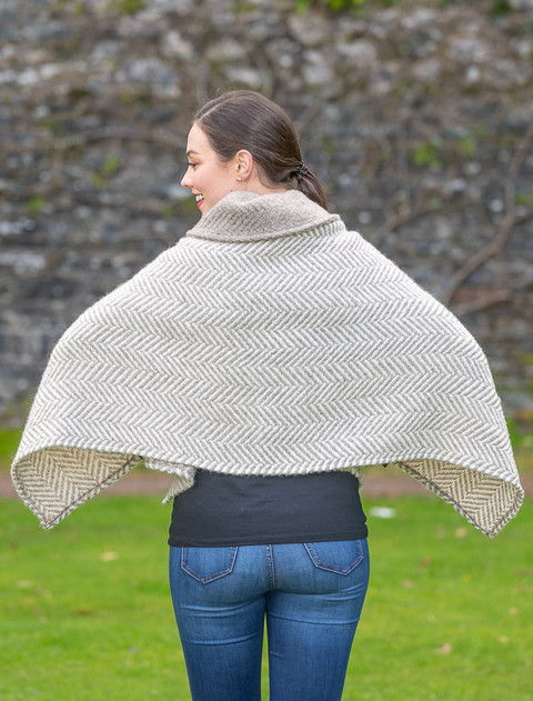 Shawl Collar Herringbone Poncho - Beige & Cream
