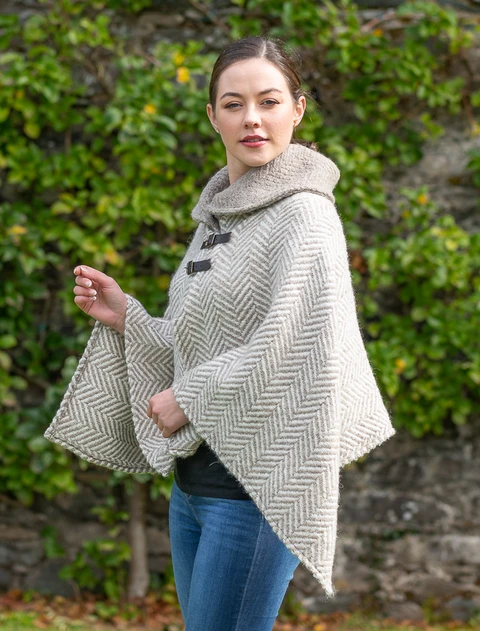 Shawl Collar Herringbone Poncho - Beige & Cream