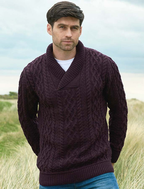 Men's Shawl Collar Aran Sweater - Damson