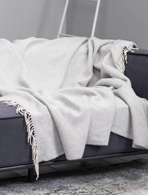 Wool and Cashmere Throw - Light Grey Herringbone