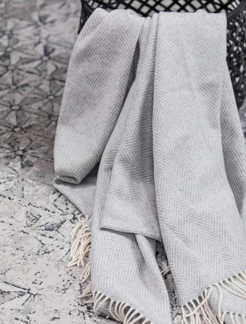 Wool and Cashmere Throw - Light Grey Herringbone