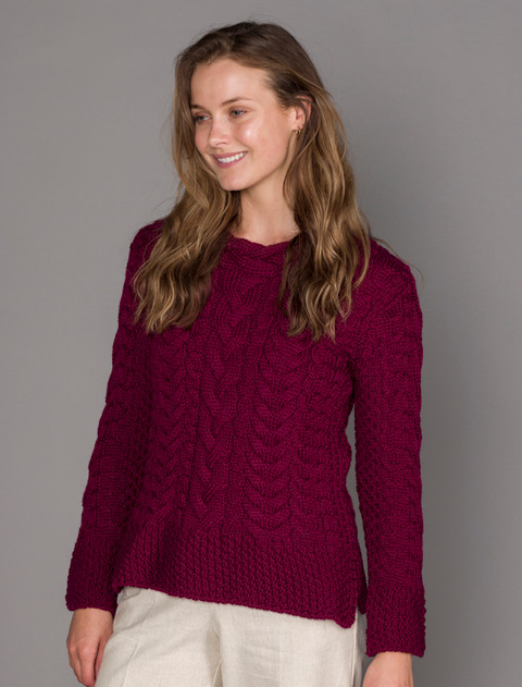 Women's Side Slit Tunic Aran Sweater - Claret
