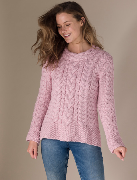 Women's Side Slit Tunic Aran Sweater - Pale Pink