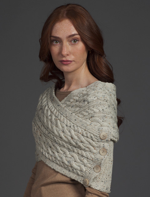 Merino Aran Cable Crossover Wrap with Buttons - Aran Nep