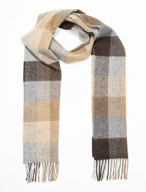 Narrow Lambswool Checked Scarf -Beige Brown & Grey Plaid 