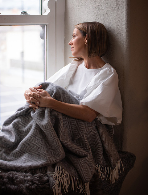 Luxury Cashmere Wool Throw - Grey Herringbone