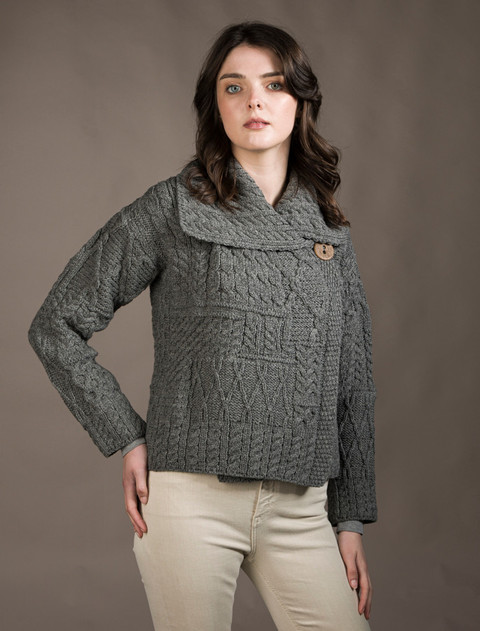 Patchwork Cardigan with Collar - Grey