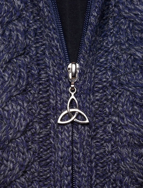 Zipper Detail of Hooded Coatigan with Celtic Knot Zipper Pull - Cormorant
