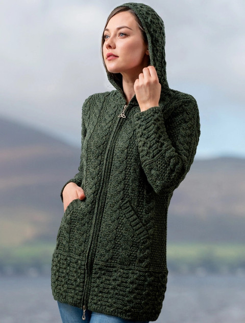 Hooded Coatigan with Celtic Knot Zipper Pull - Army Green