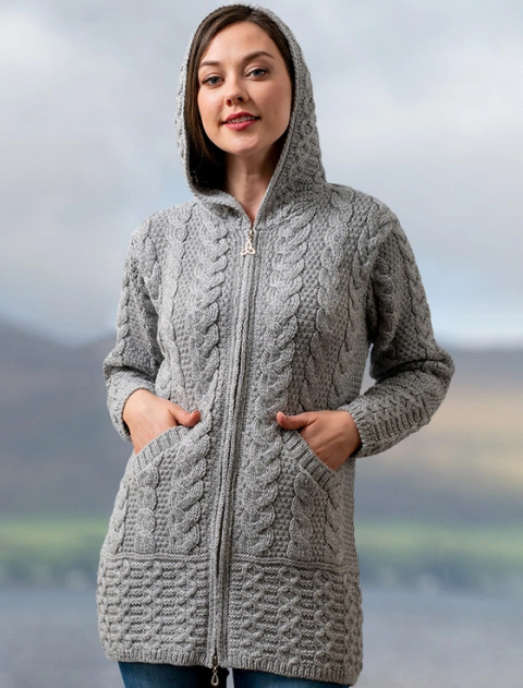 Hooded Coatigan with Celtic Knot Zipper Pull -Soft Grey