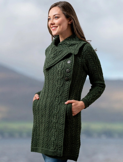 Large Collar Aran Coat -Army Green
