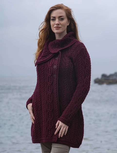 Large Collar Aran Coat - Damson