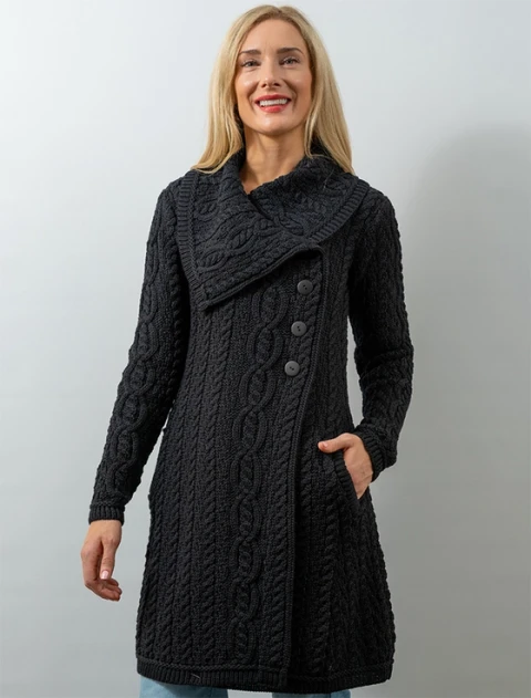 Large Collar Aran Coat -Black