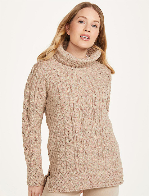 Aran Cowl Neck Tunic Sweater - Wicker