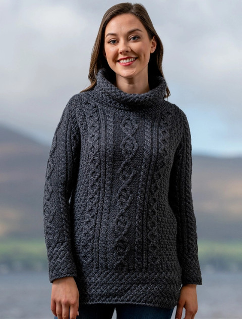 Aran Cowl Neck Tunic Sweater - Derby Grey