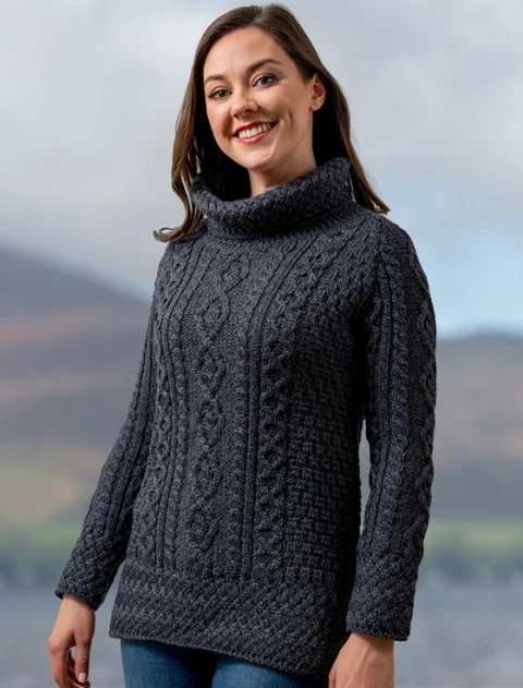 Aran Cowl Neck Tunic Sweater Derby