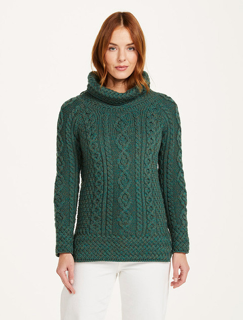 Aran Cowl Neck Tunic Sweater - Connemara Green