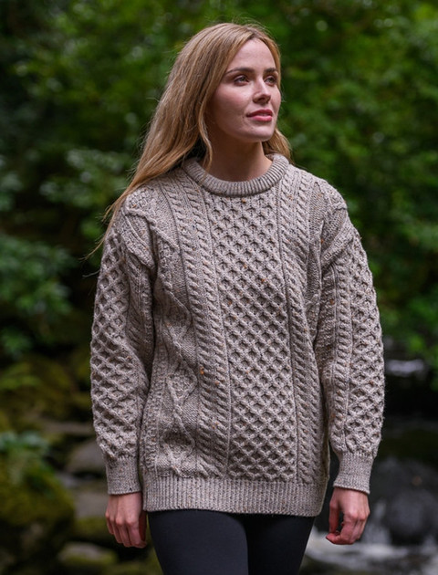Cable Knit Crew Neck Aran Wool Sweater - color: Skiddaw; type: Front, Primary