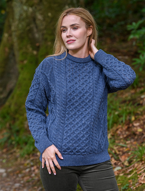 Cable Knit Crew Neck Aran Wool Sweater - Caspian