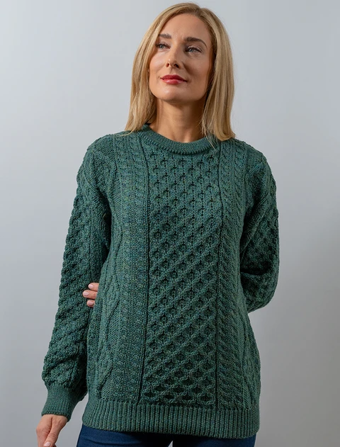 Cable Knit Crew Neck Aran Wool Sweater - color: Moss Green; type: Front, Primary