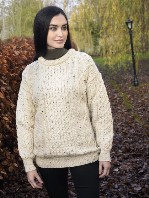 Cable Knit Crew Neck Aran Wool Sweater - color: White with Fleck; type: Front, Primary