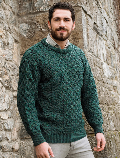 Men's Cable Knit Crew Neck Aran Wool Sweater - Moss Green