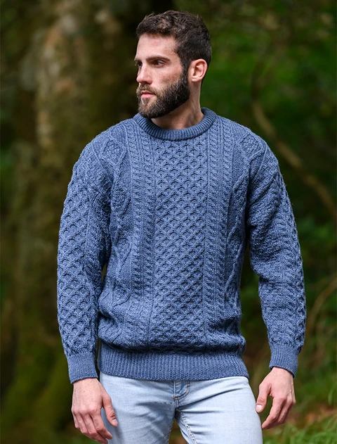 Men's Cable Knit Crew Neck Aran Wool Sweater - color: Caspian; type: Primary